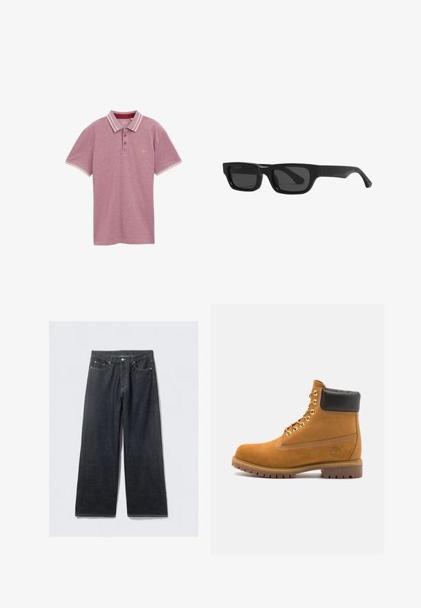 Bordó pólóing, rövid ujjú, kötött anyag, kétgombos gombolás, csíkos gallér és kézelő kontrasztos színekben, logó a mell részen.; Sötét farmer széles szárú nadrág magas derékkal, réz színű szegecsekkel és kontrasztos varrással, sima tapintású, minta nélküli.; Barna velúr bokacipő fekete párnázott gallérral, arany fém fűzőlyukakkal, fehér varrási részletekkel és durva gumitalppal, amelynek kifejezett barázdái vannak.; Fekete négyzet alakú keretes napszemüveg vastag szárakkal és sötét lencsékkel. Műanyagnak készült, sima, matt felülettel.