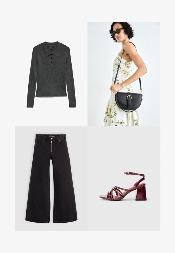 Polo de manga larga con cuello y canalé de color gris oscuro, con tres botones negros en el escote y un dobladillo ligeramente cropped.; Jeans de pierna ancha en denim negro con cierre frontal, diseño de cinco bolsillos y detalles de costura sutiles. Textura suave y estilo casual.; Sandalias de tacón burdeos de charol con punta cuadrada, que cuentan con múltiples tiras entrelazadas y un tacón grueso. Correa en el tobillo ajustable.; Bolso de piel negra con forma curva, correa desmontable y herrajes dorados. El bolso cuenta con una solapa con un detalle de hebilla.