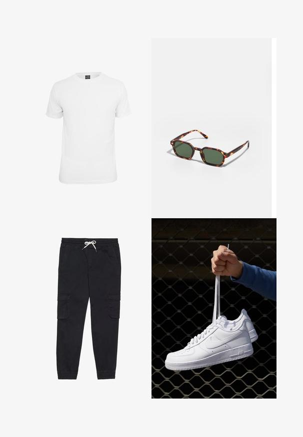 White short-sleeve t-shirt, made of cotton, featuring a crew neckline and a smooth texture, designed for casual wear.; Black cargo pants made of cotton, featuring an elastic waistband with a drawstring, side pockets, and tapered cuffs.; White leather sneakers with perforations, round toe, flat sole, and thick laces, featuring a visible swoosh logo and "AIR" on the heel.; Tortoiseshell sunglasses with green lenses, featuring an octagonal shape and slim, curved arms. Material has a glossy finish.