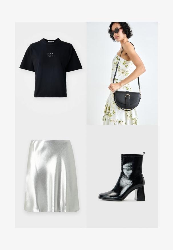 Black short-sleeve T-shirt made of cotton featuring a crew neck and a printed logo that reads "C P H STUDIOS" centered on the front.; Silver metallic mini skirt with a smooth texture and a slight sheen. Features a flared design and a simple, clean cut hemline.; Black patent ankle boot with a square toe and chunky geometric heel. Features a smooth, shiny texture and a rear pull tab for easy wear.; Black leather handbag with a curved shape, detachable strap, and gold hardware. The bag features a flap with a buckle detail.