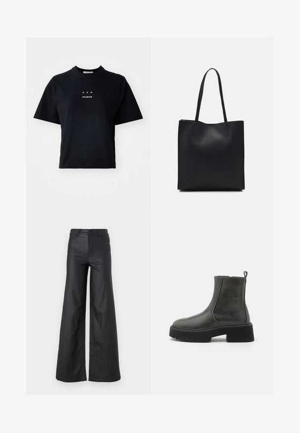 Black short-sleeve T-shirt made of cotton featuring a crew neck and a printed logo that reads "C P H STUDIOS" centered on the front.; Black, wide-leg pants in a faux leather material. Features a high waist, belt loops, two front pockets, and stitched detailing.; Black ankle boots with a smooth synthetic upper, elastic side panels, a pull tab, and a chunky rubber sole.; Black leather tote bag with smooth texture, rectangular shape, and two long handles. No visible hardware or embellishments.
