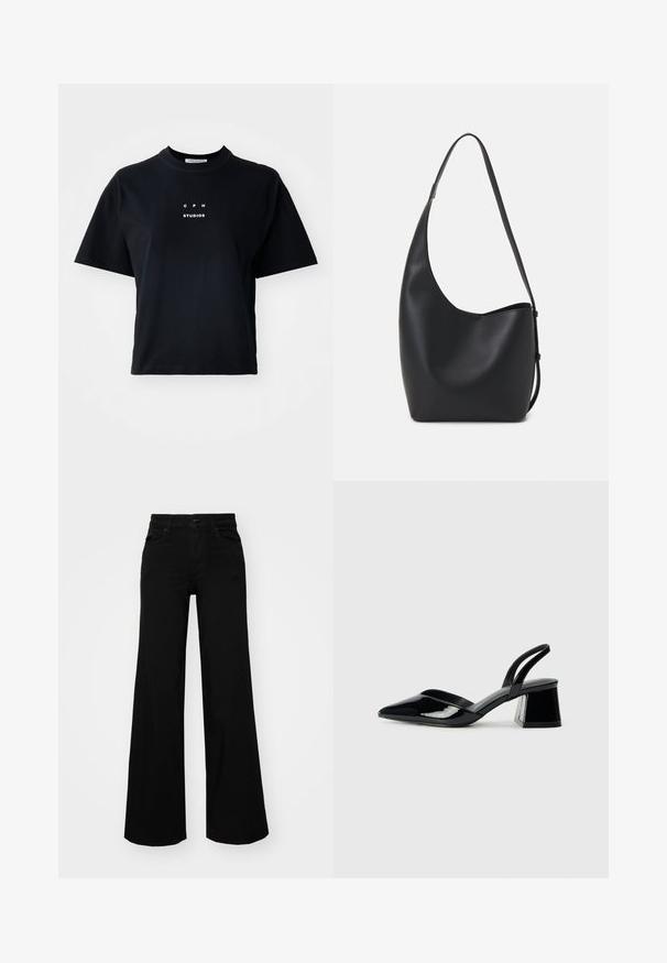 Sort kortærmet T-shirt lavet af bomuld med rund hals og et trykt logo, der står "C P H STUDIOS" centreret på forsiden.; Sorte bukser med bred benvidde lavet af denim, med en struktureret talje, bæltesløjfer og forlommer. Glat tekstur med et klassisk design.; Sorte patentlæder slingback hæle med spids tå og en geometrisk blok hæl. Har et elegant, minimalistisk design og en glat tekstur.; Sort læder hobo taske med en glat overflade, buet form og en enkelt justerbar rem; har en bred åbning øverst.
