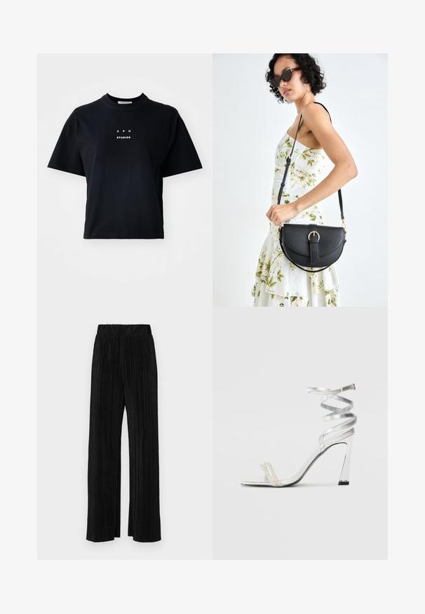 Svart T-skjorte med korte ermer laget av bomull, med rund hals og en trykket logo som står "C P H STUDIOS" sentrert på forsiden.; Sorte plisserte bukser med elastisk midje. Har vide ben og et glatt, strukturert stoff med vertikale striper.; Sølv høyhælte sandaler med et glitrende stroppdesign, som har en perle-lignende akcent og en spiralformet ankelstropp for sikker passform.; Svart lærveske med en buet form, avtagbar stropp og gullbeslag. Vesken har et klaff med spenne-detall.