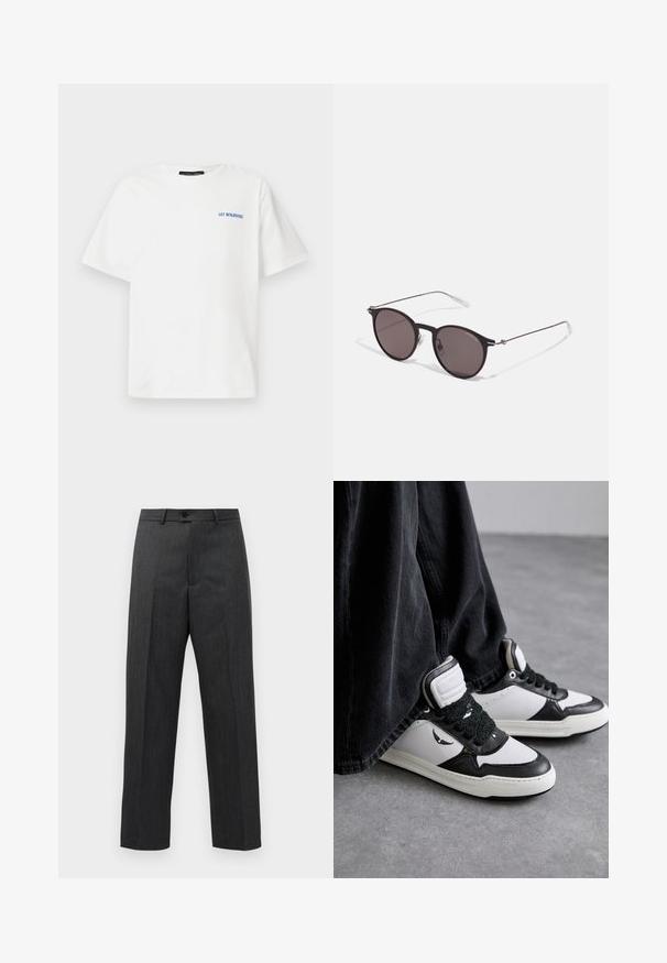 T-shirt en coton blanc à manches courtes, avec le texte bleu "LAISSEZ BENJAMIN !" sur la zone de poitrine gauche, design classique à col rond.; Pantalon formel gris foncé avec plis à l'avant, passants de ceinture et fermeture par bouton à la taille, présenté sur un fond blanc uni.; Baskets montantes noir et blanc avec un détail de lacets texturé noir, en cuir et matière synthétique, affichant un logo sur le côté.; Lunettes de soleil noires rondes avec verres sombres et branches en métal fines. Comprend des embouts transparents et des accents argentés au niveau de la charnière. Design minimaliste.
