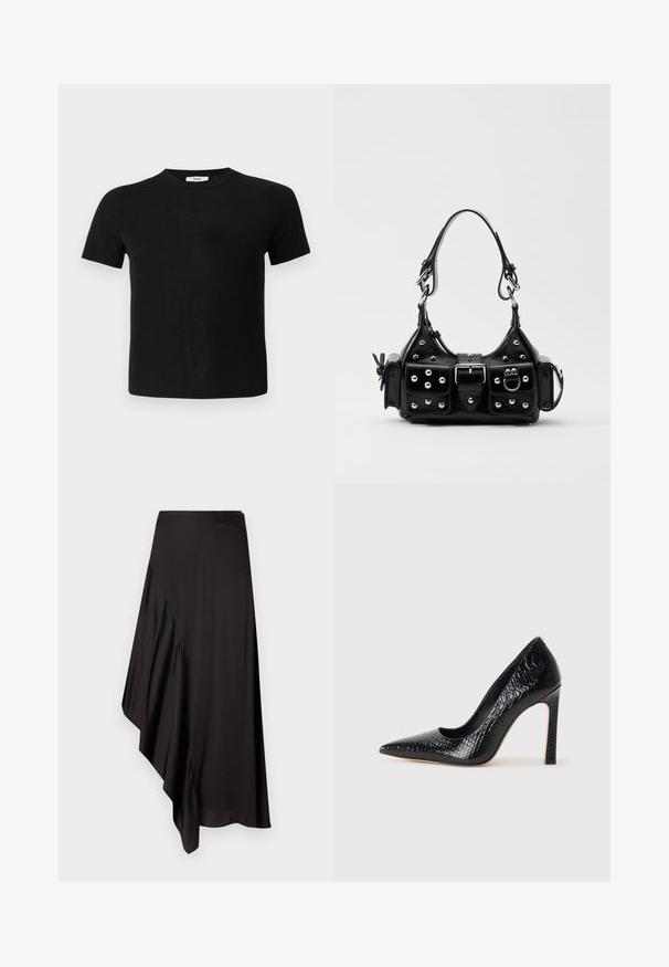 Zwarte t-shirt met korte mouwen van zachte stof. Heeft een klassieke ronde halslijn en een rechte zoom voor een eenvoudig, veelzijdig ontwerp.; AERON ASTER SKIRT - Kokerrok - black; Zwarte puntige hoge hak schoen met een krokodillenleren textuur, met een slank ontwerp, hoge stiletto-hak, en een gladde zwarte binnenkant.; Zwarte lederen handtas met een gebogen ontwerp, voorzien van zilveren studs, een gesp en twee zijvakken. Verstelbare schouderband voor verschillende draagmogelijkheden.