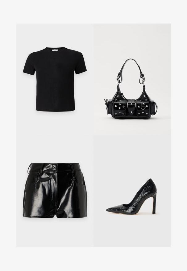 Černé tričko s krátkým rukávem vyrobené z měkké látky. Má klasický kulatý výstřih a rovný lem, což zajišťuje jednoduchý a univerzální design.; Černé lesklé kraťasy vyrobené z umělého materiálu. Obsahují přiléhavý pas, poutka na opasek a přední kapsy s výraznými švy.; Černý lodičkový bot s špičatou špičkou, pokrytý texturou krokodýlí kůže, s elegantním designem, vysokým stiletto podpatkem a hladkým černým interiérem.; Černá kožená kabelka s křivkovým designem, zdobená stříbrnými hřebíky, s přezkou a dvěma bočními kapsami. Nastavitelný popruh pro různé možnosti nošení.