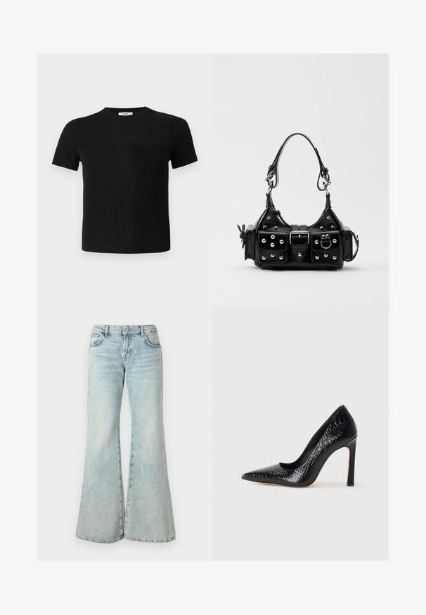 T-shirt preta de manga curta feita de tecido suave. Apresenta um decote redondo clássico e uma bainha reta para um design simples e versátil.; Jeans azuis claros em flare feitos de denim, apresentando uma cintura alta, bolsos e bainhas desfiadas. O tecido exibe um tom desbotado e uma textura subtil.; Sapato de salto alto de bico fino preto com textura de pele de crocodilo, apresentando um design elegante, salto agulha alto e interior preto suave.; Bolsa de couro preta com um design curvado, apresentando tachas prateadas, uma fivela e dois bolsos laterais. Alça ajustável para opções de transporte.