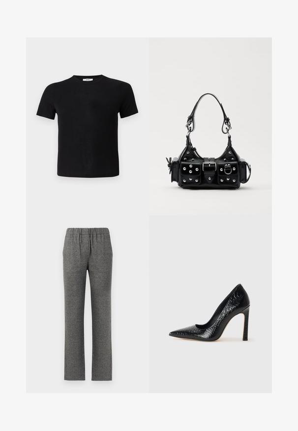 Melna īsa piedurkne T-krekls, kas izgatavots no mīksta auduma. Tam ir klasiskā apaļā izgriezuma kakla līnija un taisna apakšmala, kas nodrošina vienkāršu, daudzveidīgu dizainu.; Pelēki, teksturēti bikses ar elastīgu jostasv ни, taisna kāju dizainu. Satur smalku rakstu papildu vizuālajam interesam.; Melni augstpapēžu apavi ar norādītu purngalu, ar krokodila ādas tekstūru, izceļoties ar elegantu dizainu, augstu stiletto papēdi un gludu melnu interjeru.; Melnas ādas rokturmais ar izliekumu, ar sudraba iedurtiem, sprādzi un divām sānu kabatām. Regulējams siksniņas garums dažādām nēsāšanas iespējām.