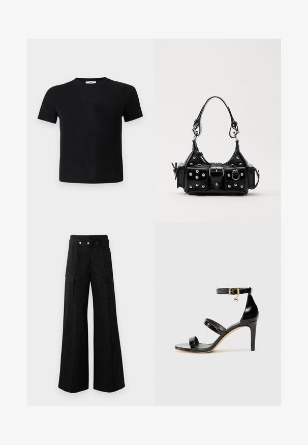 Black short-sleeve t-shirt made of soft fabric. Features a classic crew neckline and a straight hem for a simple, versatile design.; Black wide-leg pants with a high waistband, featuring large side pockets, two front buttons, and a loop detail. Made from sturdy fabric.; Black patent leather sandal with three straps, ankle buckle, and 4-inch stiletto heel. Features gold hardware detail and logo charm.; Black leather handbag with a curved design, featuring silver studs, a buckle, and two side pockets. Adjustable strap for carrying options.