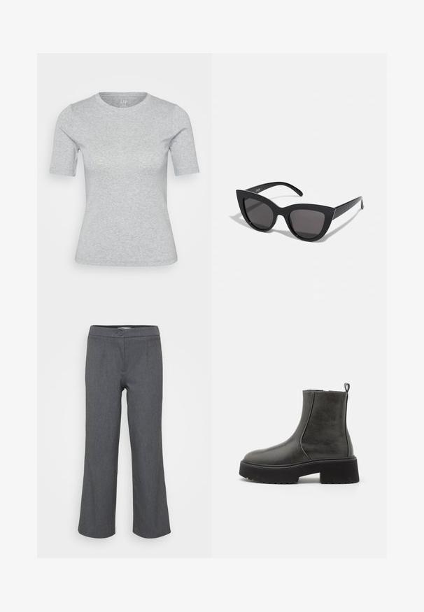 Světlě šedé tričko s krátkým rukávem vyrobené z měkké bavlněné směsi. Má kulatý výstřih a přiléhavý střih. Minimalistický styl bez ozdob.; Šedé, přizpůsobené kalhoty s plochým pasem, zapínáním na jeden knoflík a širokým střihem nohavic. Hladká textura s jemným tkaným vzorem.; Černé kotníkové boty s hladkým syntetickým svrškem, elastickými bočními panely, poutkem na zadní straně a robustní gumovou podrážkou.; Černé sluneční brýle ve stylu kočičích očí s matným povrchem, vybavené šedými zabarvenými skly, ostrými liniemi a elegantními bočními rameny. Název značky viditelný na vnitřní straně ramene.