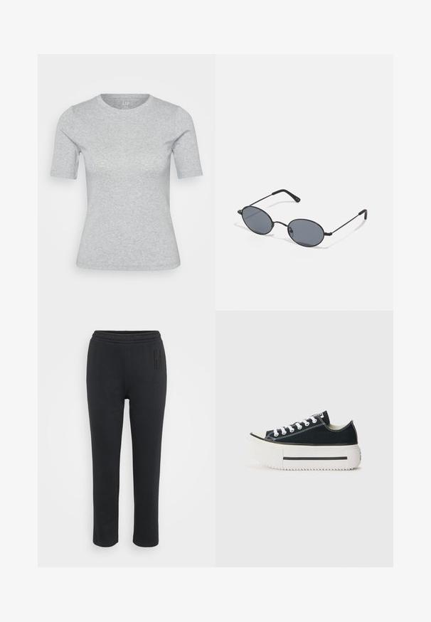 Šviesiai pilkas trumpašalys marškinėliai, pagaminti iš minkštos medvilnės mišinio medžiagos. Turi apvalų kaklą ir prigludusią siluetą. Minimalistinis stilius be puošmenų.; Juodi sportiniai kelnės su elastingu juosmeniu, siaurėjančia forma ir subtiliu logotipo detalumu kairėje kojoje. Pagamintos iš minkštos, lygaus audinio.; Juodi ketvirtiniai sportbačiai su baltu guminiais padu, turintys storą platformą, baltas raišteles ir kontrastingą siuvinėjimą palei siūles.; Juodos ovalios saulės akiniai su tamsiais lęšiais ir plonais metaliniais rėmeliais. Turi lieknas kojas su subtiliu lenkimu gale.