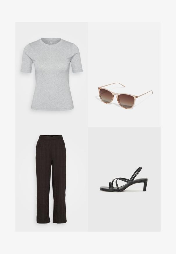 Svetlo siva majica s kratkimi rokavi, izdelana iz mehkega bombažnega blaga. Ima okroglo izrezano ovratnik in prilegajoč kroj. Minimalističen stil brez okrasnih elementov.; Črne hlače širokega kroja, izdelane iz teksturiranega blaga s plisejskim dizajnom. Imajo elastičen pas in stranske žepke.; Črne natikače s trakovi in kvadratnim prstom ter nizkim blokastim peto. Imajo več tankih trakov in nastavljiv trak okoli gležnja. Narejene so iz gladkega usnja.; Rjavi gradient sončna očala s prozornim roza okvirjem, kvadratne oblike in tankimi kovinskimi ročaji. Imajo zaobljene robove in minimalne detajle.