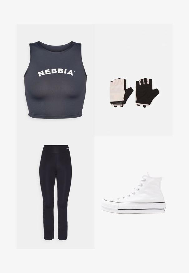 Sports crop top in dark gray, made of soft, stretchy fabric. Features a round neck and white "NEBBIA" text in an arched design.; Black athletic pants with a smooth texture, wide elastic waistband, and a fitted design, tapering slightly towards the ankle.; White high-top canvas sneaker with black rubber sole, front rubber toe cap, and six eyelets for laces, featuring a clean, minimalist design.; Fitness gloves with a light pink and black design, made of breathable material, featuring an adjustable wrist strap and textured grip accents.