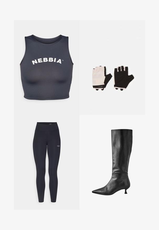 Sportowy crop top w ciemnoszarym kolorze, wykonany z miękkiego, elastycznego materiału. Posiada okrągły dekolt oraz biały tekst "NEBBIA" w łukowatym wzorze.; Czarne legginsy z wysokim stanem, wykonane z elastycznego materiału, z małym białym logo na udzie i gładką teksturą.; Czarne skórzane botki do kolan z wąskim noskiem i niskim słupkowym obcasem, charakteryzujące się gładką teksturą i elegancką sylwetką.; Rękawice treningowe w jasnoróżowym i czarnym wzorze, wykonane z oddychającego materiału, z regulowanym paskiem na nadgarstek i teksturowanymi akcentami dla lepszego uchwytu.