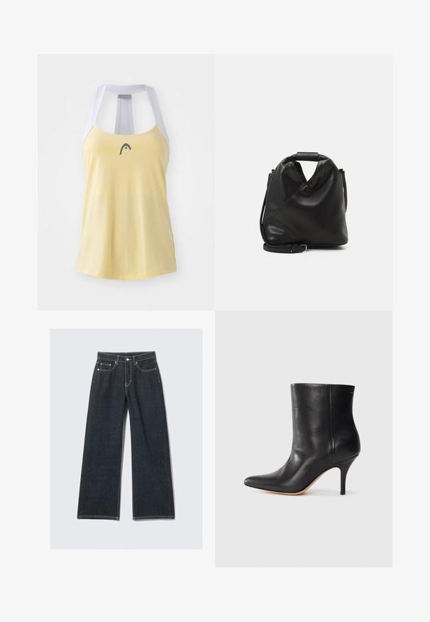 Débardeur de sport jaune avec un dos en filet gris clair et un petit logo foncé sur la poitrine. Texture lisse et design décontracté.; Jeans en denim bleu foncé à jambes larges, dotés d'une fermeture à bouton et à zip, de cinq poches et de coutures contrastantes.; Bottine en cuir noir à bout pointu, avec un talon aiguille fin et une texture lisse. Design minimaliste sans matériel ou accents visibles.; Sac en cuir noir et doux avec un design torsadé unique. Doté d'une courte poignée et d'une bandoulière amovible. Style minimaliste.