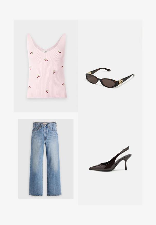 Top roz cu dungi, cu desene brodate cu cireșe. Are un decolteu adânc în formă de V și o croială ajustată, fiind fabricat dintr-un material moale și texturat.; Blugi largi din denim de un albastru deschis, cu talie înaltă, zone decolorate, cinci buzunare și cusături contrastante. Închidere clasică cu nasture și fermoar.; Pantof cu toc înalt Slingback din piele sintetică lucioasă de culoare maro închis, vârf ascuțit, laterale deschise și curea ajustabilă la glezne.; Ochelari de soare din țiglă cu lentile ovale alungite, nuanță maro, accente cu logo auriu pe brațele laterale și brațe negre elegante.