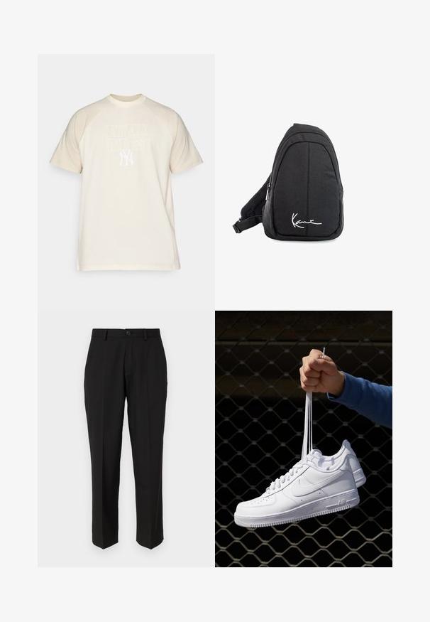 Kermanvärinen t-paita, jossa on lyhyet hihat ja pyöreä kaula-aukko. Etupuolella on valkoinen "NEW YORK YANKEES" -teksti ja logo.; Mustat housut, jotka on valmistettu sileästä kankaasta, suoran lahkeen muotoilulla, etutaskuilla, yhdellä napilla kiinnitettävänä ja ilman näkyviä kuvioita.; Valkoiset nahkasneakersit, joissa on rei'ityksiä, pyöreä kärki, tasapohja ja paksut nauhat, joissa on näkyvä swoosh-logo ja "AIR" kantapäässä.; Musta kangaskassireppu, jossa on sileä pinta, kaareva muotoilu, vetoketjullinen osio ja valkoinen logo etupuolella.