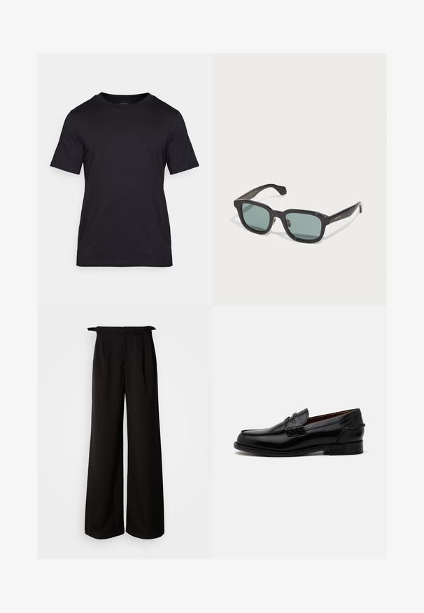 Melna T-kreklu, izgatavota no gludas auduma, ar apaļu kakla izgriezumu un īsām piedurknēm. Discreta zīmola apdruka melnā krāsā uz krūšu daļas.; Melni platajās bikses ar augstu jostasvietu, ar krokām un saitēm malās, izgatavotas no gludas, struktūrētas auduma.; Melnas ādas loafers ar nedaudz garāku formu, ar izšūtu apdari un mazu papēdi. Gluda, spīdīga virsma.; Melnas taisnstūra saulesbrilles ar zaļiem objēktīviem, ar spīdīgu apdari un smalku zelta zīmolu uz ieliktņa.; Melnas gludas ādas somas ar divām plecu siksnām, taisnstūrveida forma un smalka šuvju detaļa uz baltā fona.