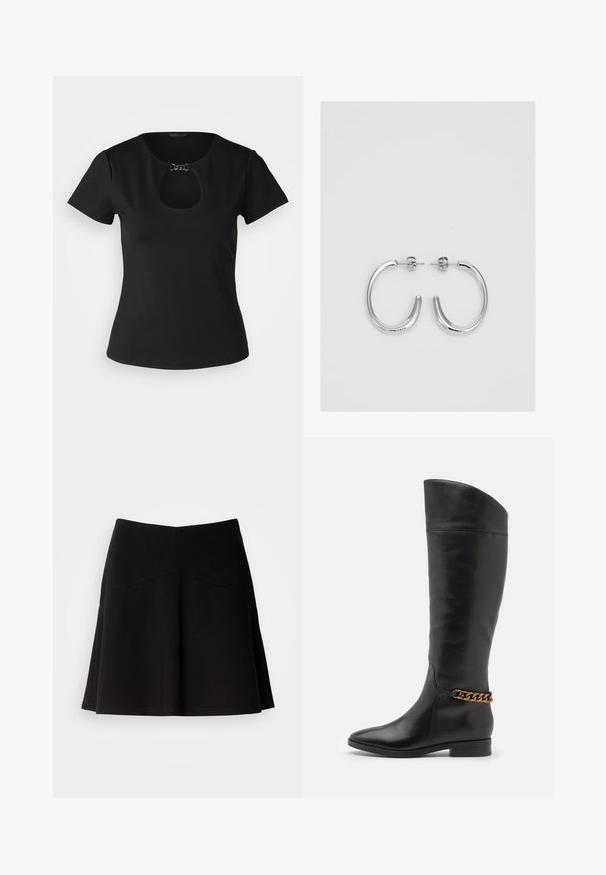 Musthave lühikese varrukaga must t-särk siledast kangast, mille kaeluses on võtmeauguga avaus, kaunistatud väikese metallringiga.; Mustmust muströöd pehme kangaga, millel on sobiv vöökoht ja õmblustega detailid. Sile tekstuur ja lihtne, klassikaline disain.; Kõrged mustad nahast saapad, millel on stiilne disain, terav nina ja kuldne kett aktsent pahkluul. Madal plokk-konts. Sile tekstuur.; Hõbedased rõngaskõrvarõngad, millel on sile ja läikiv pind. Ümar kuju, kerge disain, millel on post-tagumise kinnituse süsteem.