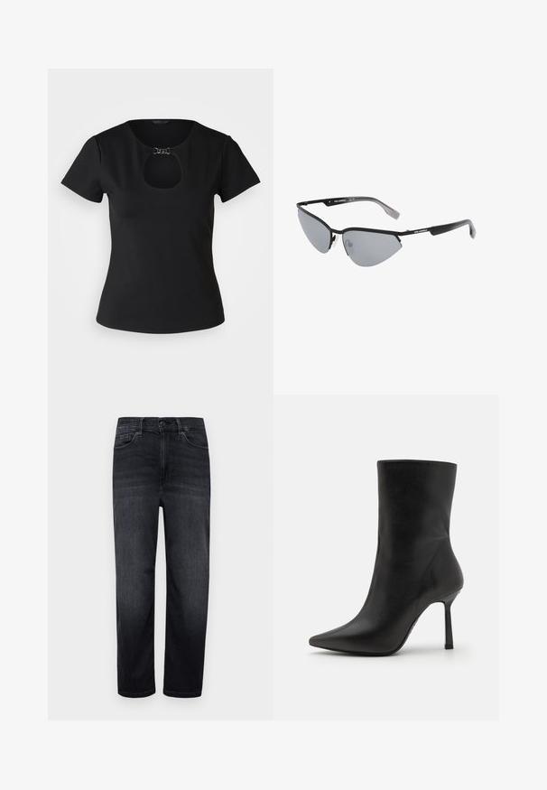 Svart kortermet t-skjorte i glatt stoff som har en nøkkelhullsåpning ved utringningen, aksentuert med en liten metallringdetalj.; Mørke denimjeans med normal passform, rette ben, frontlommer, en liten myntlomme og knappestolpe. Glatt tekstur og minimal falming.; Sorte lær ankle boots med spiss tå, slank stilettosko og jevn tekstur, med et minimalistisk design og uten dekorasjoner.; Sorte solbriller med vinklede, kattøye-design. Sølvfargede speilglass. Slanke, lette plastik rammer med subtil merking på stengene.; Sølvmetalløreringer med en jevn, dråpeform og en polert finish. Subtile graveringer legger til detaljer. Minimalistisk design.