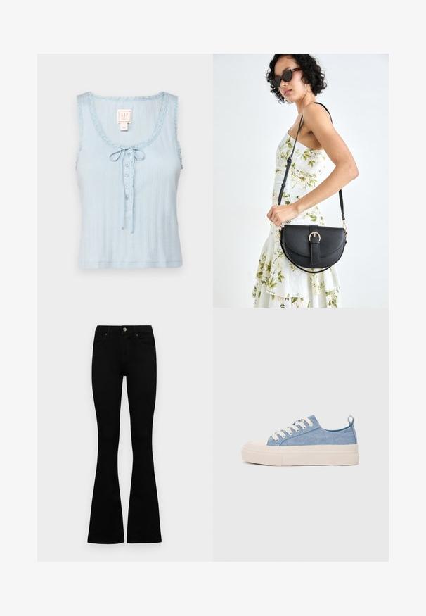 GAP GAP X DOEN POINTELLE TANK - Top - dublin blue; Zwarte hoge taille jeans met een knoop- en ritssluiting, voorzakken en een flared pijp, plat gelegd op een witte achtergrond.; Lichtblauwe canvas sneakers met een crème rubberen neuskap en zool, voorzien van witte veters en een trekstrip op de hiel.; Zwarte leren handtas met een gebogen vorm, afneembare schouderband en gouden hardware. De tas heeft een klep met een gespsluiting.