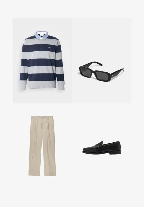 Námornícky a šedý pruhovaný polo tričko s dlhými rukávmi a kontrastným modrým chambray golierom, s malým logom na ľavej hrudi.; Béžové nohavice s rovný strihom, s jedným čiernym gombíkom, pútkami na opasok a bočnými vreckami. Hladká textúra látky a minimálny dizajn.; Mango Elegantné našuchovačky - black; Arnette THEKIDD UNISEX - Slnečné okuliare - black