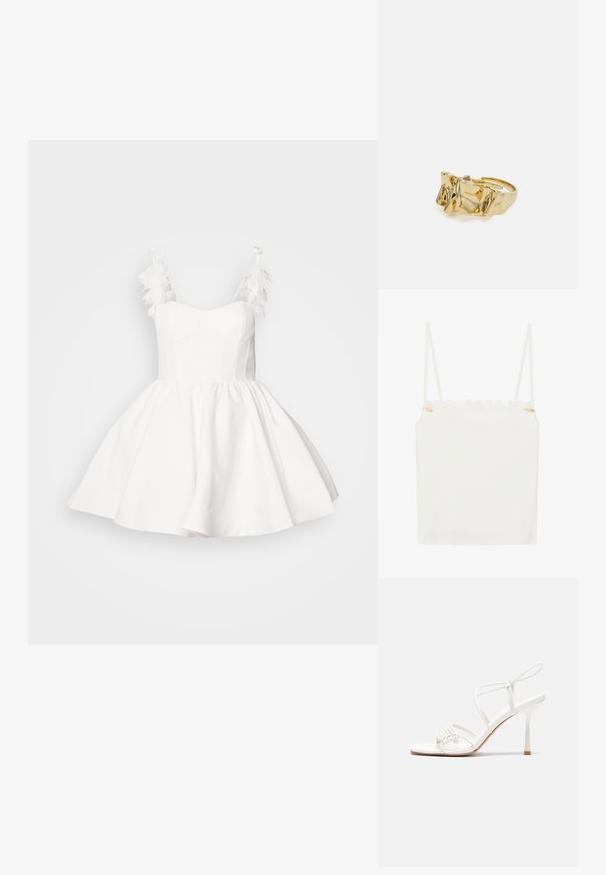 Balta moteriška maikė su plonais petnešomis, turinti banguotą nėrinių apykaklę ir mažą gėlių akcentą šone. Lygus paviršius, paprastas dizainas.; Balta suknelė su prigludusia liemene ir plačia sijonu. Ramenyse yra plunksnų akcentų, o audinys yra lygus, tekstūruotas.; Baltas dirželis su aukštu kulnu sandalai su plokščiu pirštu, tekstūruota priekinė dalis su susiraukšlėjimais ir plonas kulkšnies dirželis.; Aukso žiedas su tekstūruotu, banguotu dizainu, turintis tris iškilias viršūnes. Lygus, blizgus paviršius su atviromis juostelėmis, leidžiančiomis reguliuoti dydį.