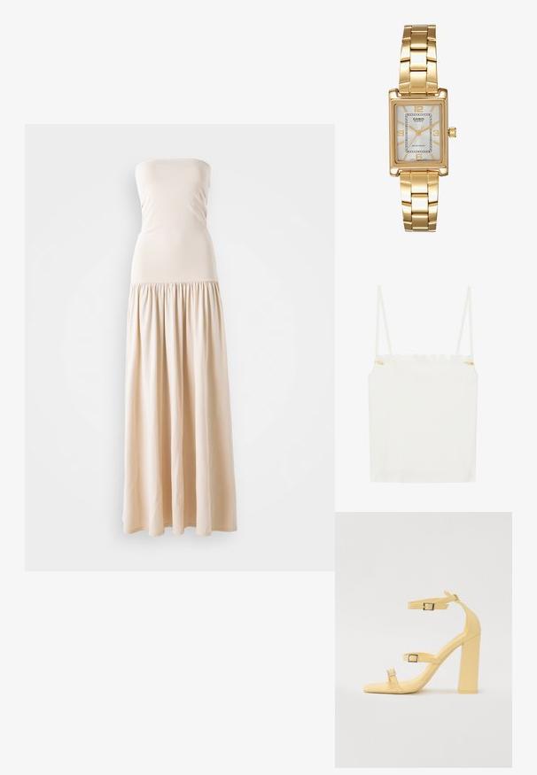 White camisole top with thin straps, featuring a scalloped lace neckline and small floral accent on the side. Smooth texture, simple design.; Beige strapless maxi dress with a fitted bodice and a flowing gathered skirt, made of soft fabric, featuring a smooth texture throughout.; Yellow block-heeled sandals with three adjustable straps, square toe design, smooth synthetic material, and silver-tone buckles.; Brown woven leather handbag with a curved, knotted handle and a zippered closure. Smooth texture and rounded shape.; Gold-tone rectangular wristwatch with a white dial, silver-tone hour markers, and a durable metal link bracelet. Water-resistant feature included.