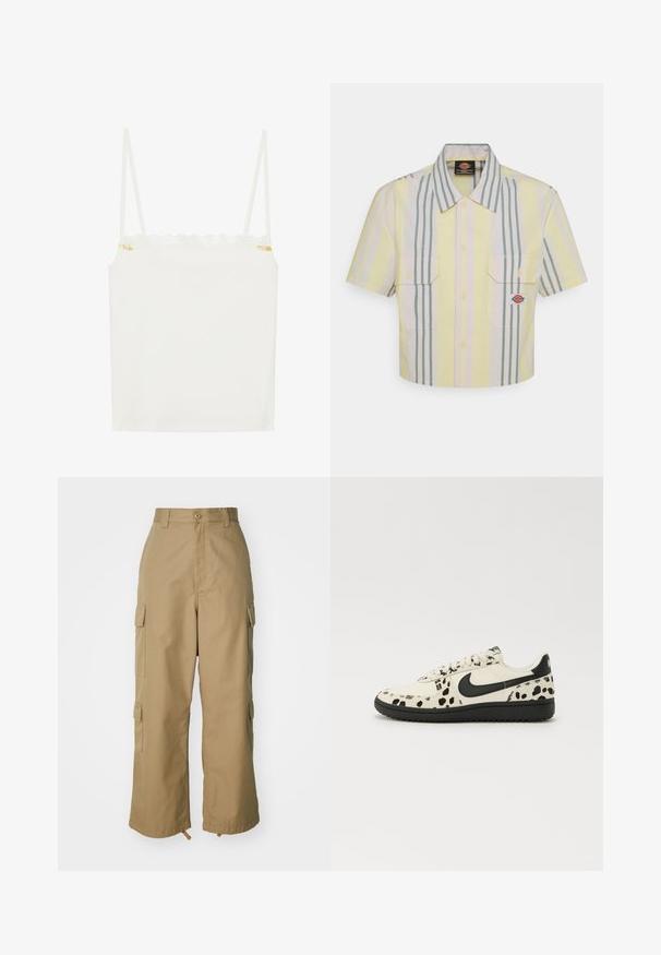 Baldriņu topiņš ar plānām siksnām, ar viļņotu mežģīņu apakšmalu un mazu ziedu akcentu sānos. Gluda tekstūra, vienkāršs dizains.; Izgriezta īsām piedurknēm krekls gaiši dzeltenā krāsā ar vertikālām zaļām un pasteļtoņu svītrām. Iezīmē divas krūšu kabatas un logo uzšuvumi uz kreisās kabatas.; Bēša kravas bikses ar augstu jostasvietu, platām kājām un četriem lieliem sānu kabatām. Izgatavotas no izturīgas auduma ar gludu tekstūru un minimālām detaļām.; Baltā kedu ar melnu punktuotu rakstu, melnu Nike Swoosh, plakaniem šņores un melnu gumijas zoli. Klasisks zemu topu dizains.