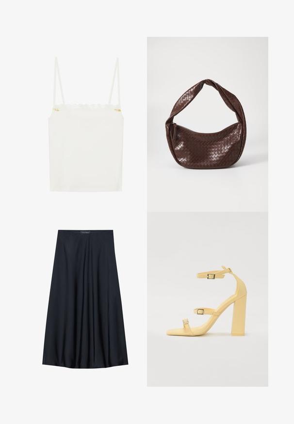 Hvid camisole-top med tynde stropper, der har en bølget blondeudskæring og en lille blomsterdetalje på siden. Glat tekstur, enkel design.; Sort, knælang nederdel lavet af letvægtsstof med et svævende design. Har en glat tekstur og subtile plisseringer for en ekstra detalje.; Gule blokhælede sandaler med tre justerbare remme, firkantet tådesign, glat syntetisk materiale og sølvfarvede spænder.; Brun vævet lædertaske med et buet, knyttet håndtag og en lynlås lukning. Glat tekstur og rund form.; Guldtonet rektangulær armbåndsur med en hvid skive, sølvtonede time markører og et holdbart metalled. Vandafvisende funktion inkluderet.