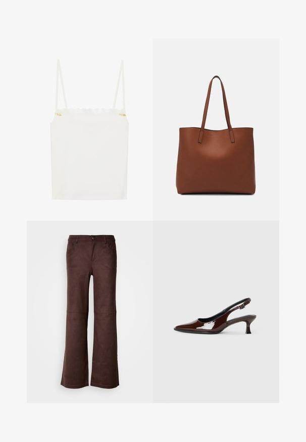 Baldriņu topiņš ar plānām siksnām, ar viļņotu mežģīņu apakšmalu un mazu ziedu akcentu sānos. Gluda tekstūra, vienkāršs dizains.; Brūnas platās bikses no mīksta, zamšveida auduma. Tās ir aprīkotas ar četrām kabatām, pogām un gludu, teksturētu virsmu.; Brūnas patentētas ādas sprauga kurpes ar norādītu pirkstu un mērenu papēdi. Aprīkotas ar sprādzi, lai nodrošinātu drošu fit. Gluda tekstūra.; Brūna ādas iepirkumu soma ar gludu tekstūru, atvērta augšdaļa un divas plecu siksnas. Izceļas ar minimālām šuvēm un redzamu aparatūru nav.