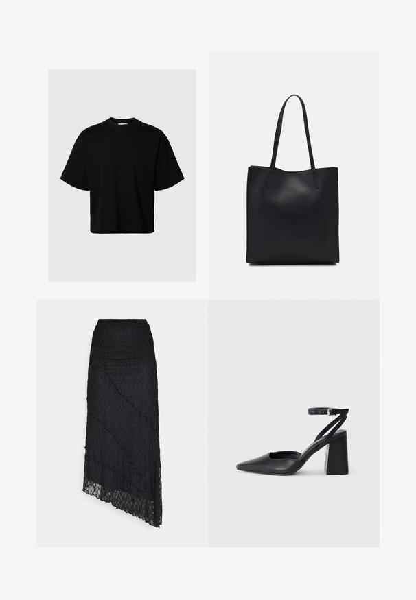 Maglietta nera a maniche corte con scollo rotondo, vestibilità leggermente oversize, realizzata in tessuto morbido, senza motivi o accenti visibili.; ONLY ONLKIM LACE SKIRT - Gonna lunga - black; Pump in pelle nera con punta affusolata, cinturino alla caviglia e tacco spesso. Texture piatta, design elegante ed estetica minimalista.; Borsa tote in pelle nera con texture liscia, forma rettangolare e due manici lunghi. Nessun hardware o decorazione visibile.