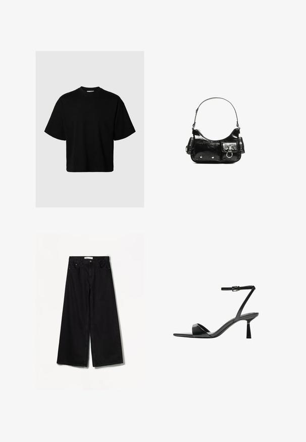 Tricou negru cu mânecă scurtă, cu guler rotund, cu o croială ușor supradimensionată, confecționat dintr-un material neted, fără modele sau accente vizibile.; Bershka WIDE-LEG - Wide leg - black; Bershka Sandale cu toc - black; Geantă de mână din piele lăcuită neagră, cu o formă curbată, un umăr, buzunare frontale și accente din metal argintiu.
