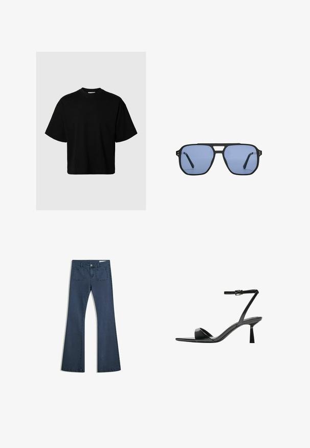 Schwarzes kurzärmliges T-Shirt mit runder Ausschnitt, leicht oversize geschnitten, aus glattem Stoff, ohne sichtbare Muster oder Akzente.; Dunkelblaue, ausgestellte Jeans aus Denim mit genähten Taschen, einem Knopfverschluss und einer glatten Textur. Mit einem klassischen Fünf-Taschen-Design.; Bershka High Heel Sandalette - black; Stradivarius RETRO - Sonnenbrille - light blue