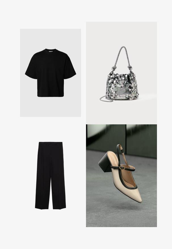 Black short-sleeve t-shirt with a round neckline, slightly oversized fit, made of smooth fabric, featuring no visible patterns or accents.; Black wide-leg trousers with a smooth fabric, featuring pleats at the front and side pockets, designed with a straight, relaxed cut.; Beige pointed-toe slingback shoe with black trim, gold buckle, and a chunky block heel on gray floor with dark green background.; Small silver handbag covered in large sequins with knotted handle and chain strap, featuring a Guess brand logo on front.