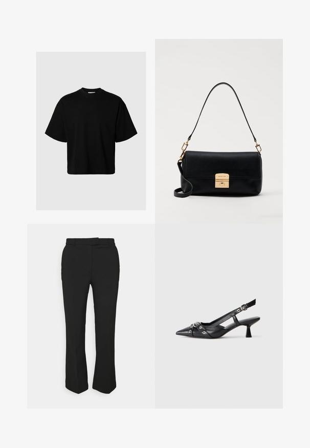 Schwarzes kurzärmliges T-Shirt mit runder Ausschnitt, leicht oversize geschnitten, aus glattem Stoff, ohne sichtbare Muster oder Akzente.; Schwarze, maßgeschneiderte Hose mit geradem Bein, ausgestattet mit Gürtelschlaufen und Seitentaschen. Hergestellt aus glattem Stoff mit sauberem Finish.; Schwarzer Leder-Slingback-Schuh mit spitz zulaufender Zehenpartie, dekorativen Riemen mit METALLÖSEN und niedrigem Blockabsatz. Strukturelle Oberfläche.; Schwarze Lederhandtasche mit flacher, rechteckiger Form, goldfarbenen Beschlägen und einem oberen Griff. Mit einer Verschlussklammer und einem charakteristischen Logo-Detail.