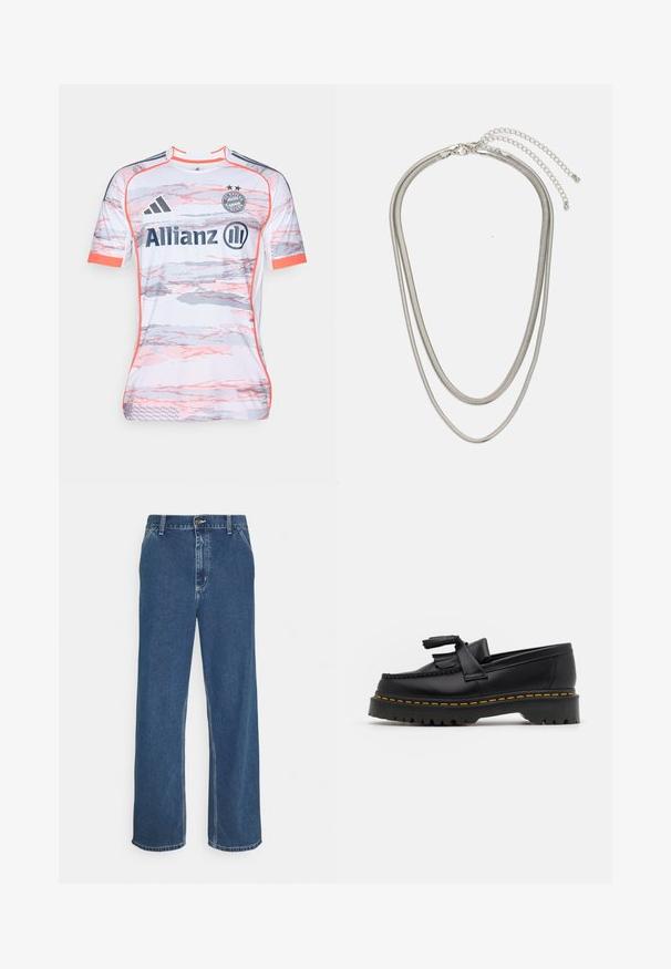 Maillot de football blanc avec des motifs abstraits roses et gris, à manches courtes, encolure ronde et logo Adidas. Le logo "Allianz" est bien en vue.; Jean en denim bleu avec une coupe droite, un design à cinq poches, fermeture à bouton métallique et coutures visibles le long des coutures et de l'ourlet.; Mocassin en cuir noir avec un accent à frange, doté d'une semelle épaisse noire et d'une couture jaune le long du bord. Fini texturé.; Collier en métal argenté à trois couches présentant des chaînes flexibles et élégantes avec un léger éclat, sécurisé par un fermoir en forme de homard et une chaîne ajustable.