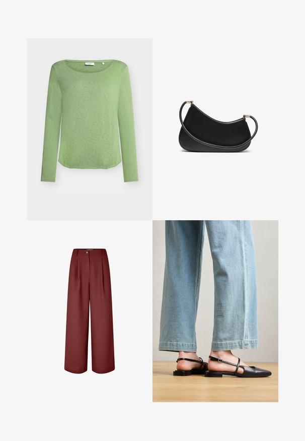 Long-sleeve light green top made of soft, thin fabric with a rounded neckline and a slightly curved hem. No patterns or accents visible.; Wide-leg trousers in a rich burgundy color, made of smooth fabric. Features a waistband, front pleats, and a single button closure.; Black leather slingback shoes with a pointed toe, flat heel, and ankle strap; worn with light blue wide-leg jeans.; Black leather shoulder bag with a curved design, featuring a textured strap and gold-tone hardware at the top closure. Smooth finish.; Set of gold-tone earrings featuring various designs, including studs, hoops, and dangling pieces with pearls and rhinestones.