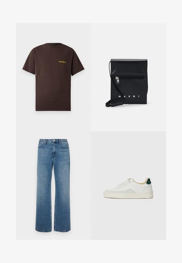 No Problemo MINI TEE - Základné tričko - brown; Džínsy s širokými nohavicami vo farbe modrej, vyrobené z denimovej látky s vyblednutým vzhľadom. Obsahujú päť vreciek, predné zapínanie na gombík a rovný strih.; Biele tenisky s semišovými akcentmi, zaoblenou špičkou, plochými šnúrkami a krémovou gumovou podrážkou. Na päte sú zelené značky.; Čierna kožená kabelka cez plece s predným vreckom na zips, embosovaným logom a nastaviteľným popruhom. Hladká textúra so štruktúrovaným tvarom.