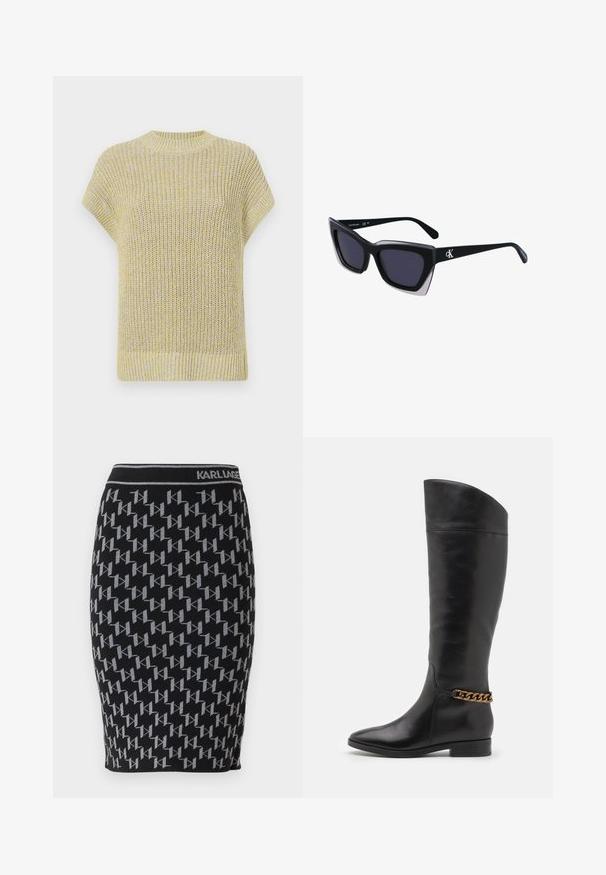 Maglione a maniche corte di colore giallo chiaro con sottili granelli grigi. Presenta un colletto rotondo a coste e un tessuto testurizzato con una vestibilità ampia.; Gonna a tubino nera in maglia con un motivo ripetuto del logo grigio "KL" e una vita nera con il nome del brand "KARL LAGERFELD."; Alti stivali in pelle nera dal design elegante, punta affusolata e dettagli in catena dorata alla caviglia. Tacco a blocco basso. Texture liscia.; Occhiali da sole oversize neri dalla forma geometrica, con lenti scure e un dettaglio grigio a contrasto sulla montatura. Logo sul braccio.