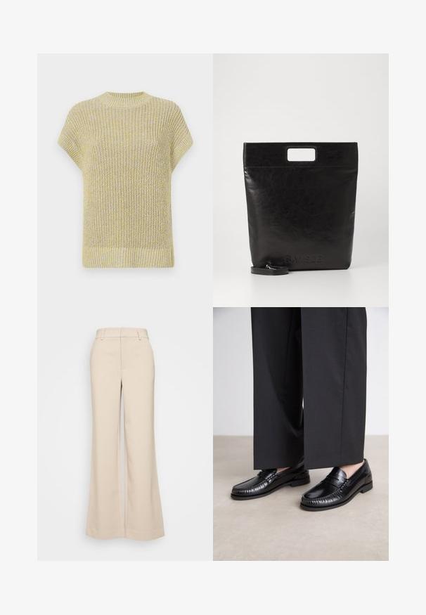 Top tricotat cu mânecă scurtă, de culoare galben deschis, cu nuanțe subtile de gri. Are un guler rotund cu nervuri și un material texturat, cu o croială lejeră.; Pantaloni bej cu croi larg, cu o textură netedă, având o talie înaltă și două buzunare frontale. Design curat cu o croială adaptată.; Mocasini din piele neagră cu un finisaj neted, cu detalii cusute în jurul vârfului și o talpă joasă din cauciuc. Asortați cu pantaloni largi negri.; Geantă tote din piele neagră, cu un mâner pătrat, având un finisaj texturat și un logo embosat. Include o curea detasabilă.