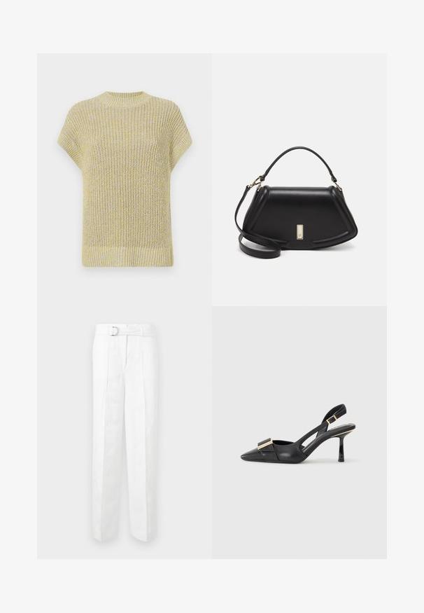 Priekšautiņa īsām piedurknēm, viegli dzeltenā krāsā ar smalkiem pelēkiem svītriņām. Iezīmē ribotu apaļu dekoltē un strukturētu audumu ar brīvu piegriezumu.; Baltie pielāgotie bikses ar platām kājām, jostas cilpām un jostu ar sudraba sprādzi. Izgatavotas no viegla auduma ar gludu tekstūru.; Melnas ādas slingback kurpes ar smailu purngalu, slaidu papēdi un zeltītām detaļām uz priekšas daļas. Gluda tekstūra un strukturēts dizains.; Melnas ādas roku soma ar struktūru, ar īsu formu, augšējo rokturi un zelta aksesuāriem. Iekļauta regulējama plecu siksna.