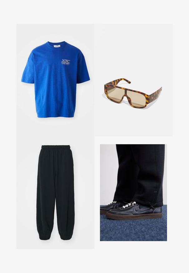 Zila kokvilnas T-kreklis ar īsām piedurknēm, uz kura augšējā kreisā krūšu daļā ir pelēka logo, apaļš kakla izgriezums un brīvs piegriezums.; Melnas sporta bikses ar elastīgu jostasvietu, brīvu piegriezumu, aprocēm ap potītēm, gludu tekstūru, un bez redzamām rakstu vai aparatūras akcentiem.; Nike Sportswear KILLSHOT 2 LTR PRM OPP2 - Treniņu apavi - black sail baroque brown mtlc dk grey; Saulesbrilles ar masīvu, bruņurupuču raksta rāmi brūnās un oranžās nokrāsās, ar lieliem brūnām tonētām lēcām un elegantu dizainu.