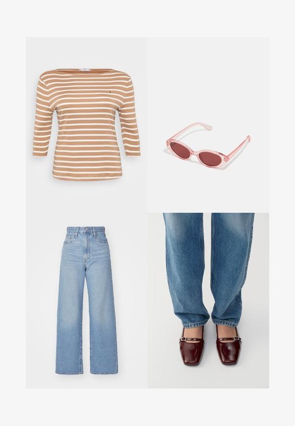Striped long-sleeve top in light brown and white, featuring a boat neckline and soft cotton fabric. Includes a small logo on the chest.; Light blue high-waist wide-leg jeans with front button and zip closure, front and back pockets, on a white background.; Burgundy patent leather shoes with a square toe and ankle strap, paired with light blue loose-fit jeans. The shoes have a glossy finish.; Pink transparent sunglasses with oval lenses, dark red tint, and slender arms, featuring a smooth finish and subtle detailing on the frame.