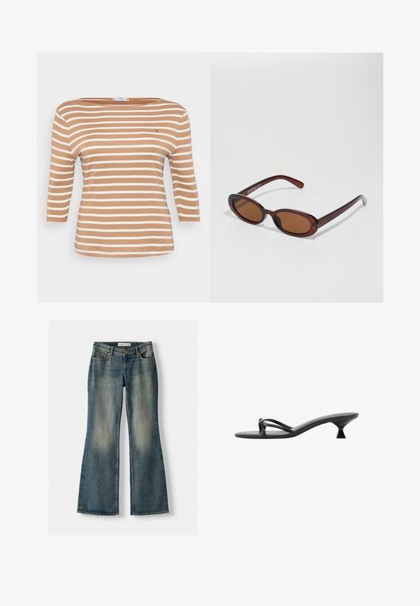 Gestreepte langemouwshirt in lichtbruin en wit, met een bootnek en zachte katoen stof. Inclusief een klein logo op de borst.; Blauwe uitlopende spijkerbroek met een vervaagde wassing, vijf zakken en een knoopsluiting. Het materiaal heeft een denim textuur met subtiele stikseldetails.; Zwarte hoge hakken sandalen met een elegant ontwerp, dunne bandjes en een unieke driehoekige hak. Glad textuur met een minimalistische uitstraling.; Ronde, bruin getinte zonnebril met een glanzend bordeauxrood frame. Slanke pootjes met subtiele merkdetails. Vlakke lensontwerp.; Bruine suède hobo tas met een slouchy vorm, voorzien van een gebogen handvat en driehoekige paneeldetails aan de voor- en achterkant.