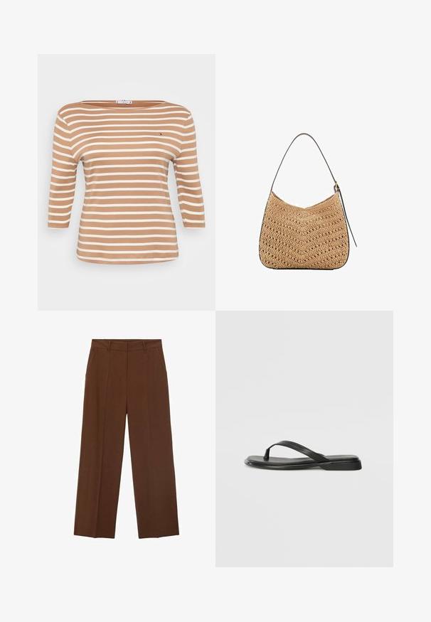 Striped long-sleeve top in light brown and white, featuring a boat neckline and soft cotton fabric. Includes a small logo on the chest.; Brown wide-leg trousers made of smooth fabric with a high waist, featuring front pockets and a neat crease down the front.; Black flip-flop made of smooth leather, featuring a thin strap design and a flat sole with a minimal profile. No notable patterns or accents.; Woven straw shoulder bag with a curved shape, featuring a dark leather strap and a textured surface with a chevron pattern.; Clear and amber resin rings, one smooth and transparent, the other with a textured, amber finish. Both feature rounded, chunky designs.