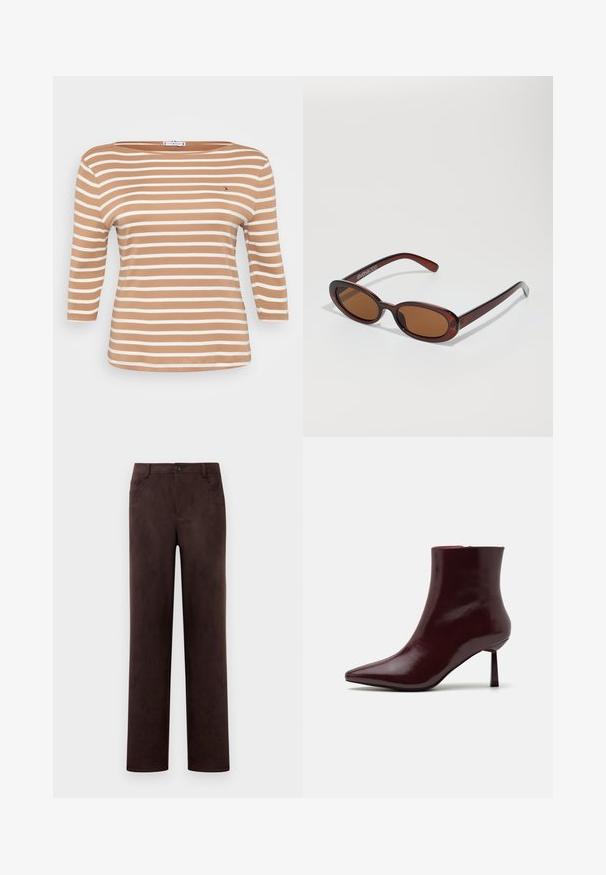Stribet langærmet top i lys brun og hvid, med en bådudskæring og blødt bomuldsstof. Inkluderer et lille logo på brystet.; Mørkebrun suedebukser med lige ben, frontknap og lynlås, bæltesløjfer og sidelommer.; Bordeaux patentlæder ankelstøvle med spids tå og slank stiletto hæl, der har en glat, blank overflade og minimalistisk design.; Runde, bruntonede solbriller med en glansfuld bordeauxramme. Slanke arme med diskret brandingdetalje. Flad linsedesign.; Vævet bordeaux håndtaske med en rund form og et enkelt håndtag, der har en struktureret overflade og en elastisk snorelukning.