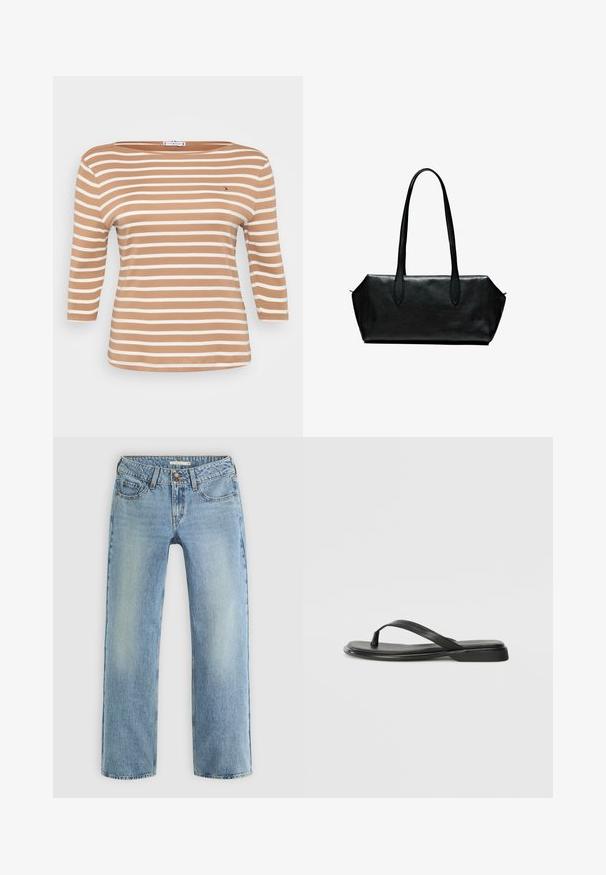 Gestreiftes Langarmshirt in Hellbraun und Weiß mit einem Bootsausschnitt und weichem Baumwollstoff. Enthält ein kleines Logo auf der Brust.; Hellblaue gerade geschnittene Jeans aus Denim, mit Knopfverschluss, fünf Taschen und subtiler Ausbleichung entlang der Beine.; Schwarze Flip-Flops aus glattem Leder, mit einem dünnen Riemendesign und einer flachen Sohle mit minimalem Profil. Keine bemerkenswerten Muster oder Akzente.; Schwarze Ledertasche mit langen Griffen, rechteckiger Form, glatter Oberfläche und schrägen Seiten, mit minimalistischer Gestaltung und ohne sichtbare Beschläge.; Set aus zwölf Ohrhängern in Silber- und Goldtönen. Enthält gedrehte, glatte und strukturierte Designs in verschiedenen Größen und Oberflächen.