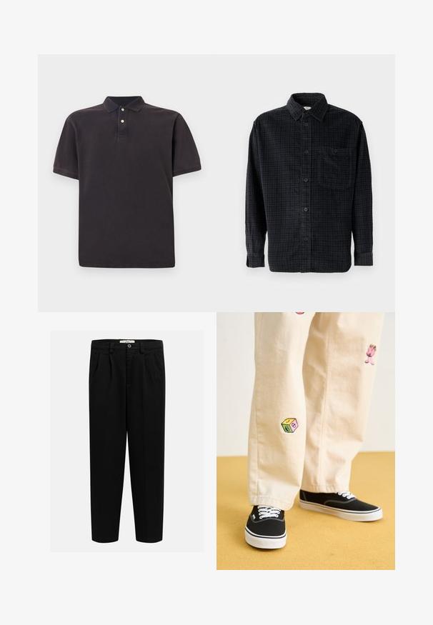 Melns polo krekls ar klasisku apkakli, īsām piedurknēm un trīs pogu aizdari. Izgatavots no mīksta kokvilnas auduma ar gludu tekstūru.; Melnas raibās krekliņas ar garām piedurknēm, kas izgatavots no mīkstas auduma, ar pogājamu priekšpusi, apkakli un krūšu kabatu.; Melni bikses, izgatavotas no mīksta auduma, ar taisnu kāju dizainu, priekšējām krokām un pogu aizdares jostasvietā.; Beige kokvilnas bikses ar rotaļīgiem izšūtiem dizainiem, tostarp rozā raksturs un krāsains bloks, saskaņotas ar melniem kurpēm ar auklām.