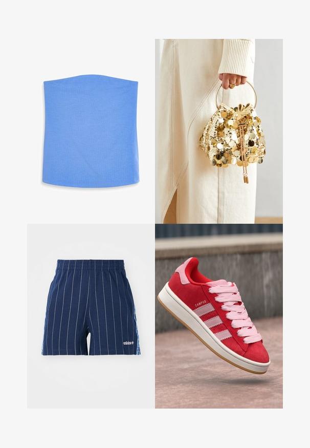 Hele sinine, õmblusteta toru tipuga, mis on valmistatud pehmest ja venivast kangast, millel on sile tekstuur. Ülemine äär on kergelt kaardus ja kaunistusi ei ole.; Tumesinised lühikesed püksid valgete triipudega, elastne vöökoht ja Adidas logo. Küljel on sinised aktsendid, valmistatud puuvilla segu materjalist.; Punane sametist tennisekingad roosa aktsentidega, millel on kolm valget triipu ja heledad roosad paelad. Valge vaheosa ja kummist välispõhi.; Kuldse sära ja paelaga kott ringikujulise käepidemega, millel on läikivad ümmargused sequins ja tekstureeritud kangas. Mõõtmed ei ole esitatud.